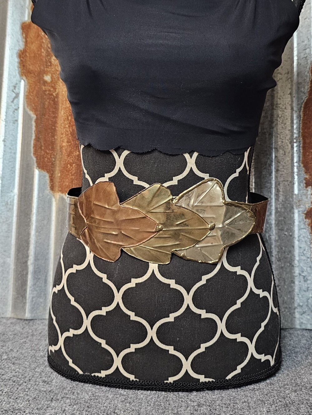Vtg-80s Mixed Meta Brutalist Leaf Corset Waist Belt Brass Copper Silver India